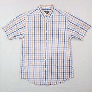 Orvis Shirt Mens Medium Blue Orange Check Plaid Button Front Outdoor Wrinklefree